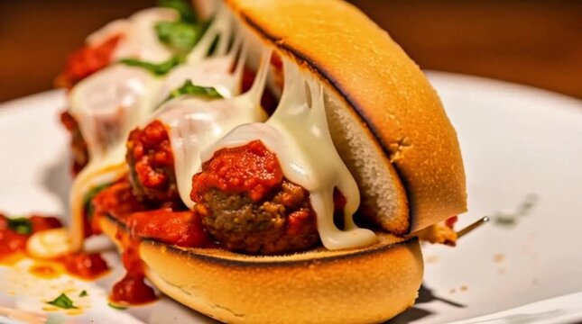 A delicious-looking meatball sub is served on a toasted bun, generously topped with melted cheese, marinara sauce, and fresh herbs, all presented on a wooden platter 
