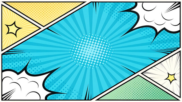 A vibrant comic book style illustration with a blue explosion and colorful geometric shapes surrounding it