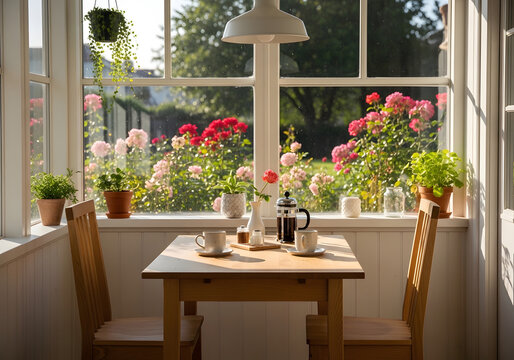 Cozy sunlit breakfast nook with floral garden view