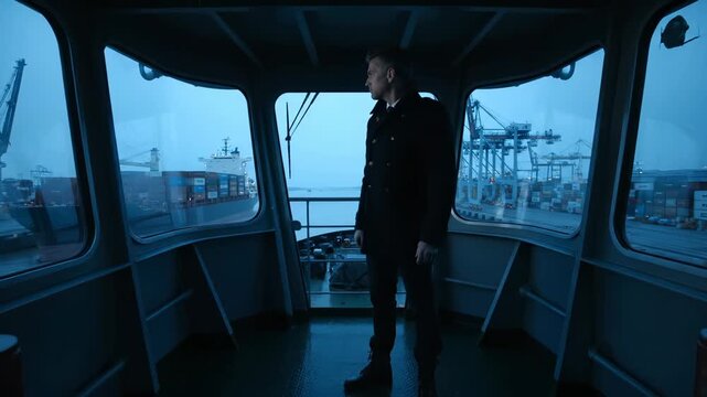 Ship captain stands in bridge overlooking port containers. Maritime officer controls vessel at harbor. Captain navigates ship through container port. Officer in bridge watches port operations.