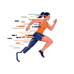 Athlete woman with prosthetic leg running fast with motion blur effect