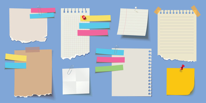 Set of torn paper notes, memo sheets, and colorful sticky labels pinned or taped on a blue background. Editable stationery collection for planners, scrapbooking, and design projects