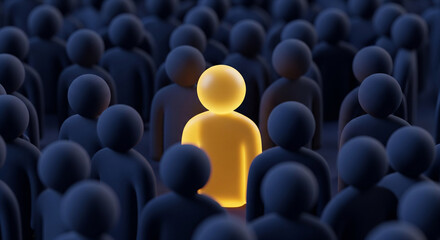 Fototapeta premium Glowing yellow human figure standing out from a dark crowd, concept of unique leadership and individuality, 3D render illustration