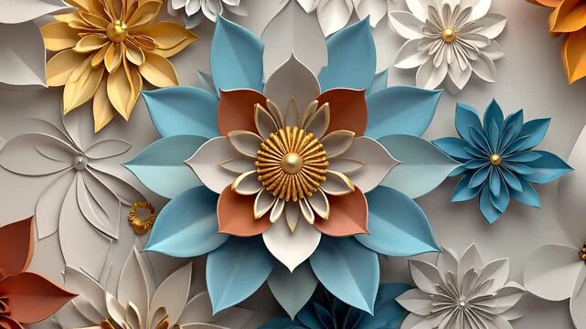 Colorful paper flowers arranged on a light gray background, creating a vibrant and artistic display.