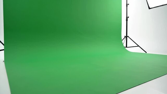 Green screen backdrop setup with studio lighting and tripod equipment