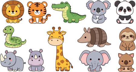 Obraz premium Cute wild animals cartoon set with lion, tiger, giraffe, elephant, panda, koala