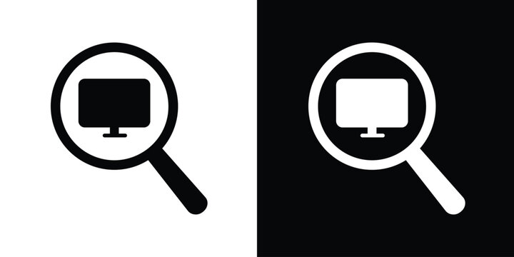 Computer monitor search icon. Magnifying glass over a desktop screen symbol. Vector illustration for digital monitoring, IT support, hardware search, and online display analysis.