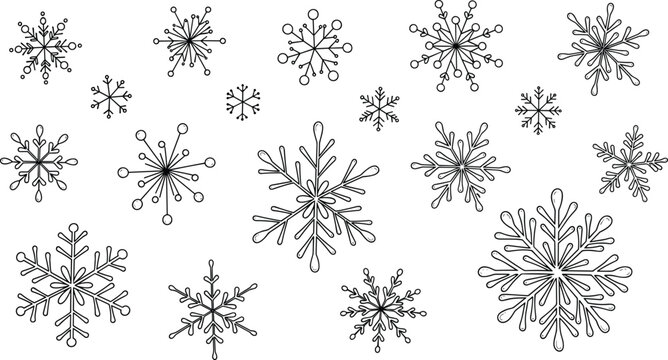 Hand drawn snowflake doodle set with winter snow crystals in sketch outline style