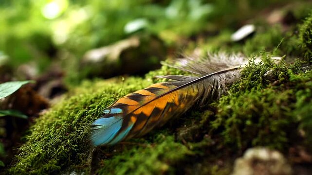 Close-up of a colorful feather resting on vibrant green moss in nature.