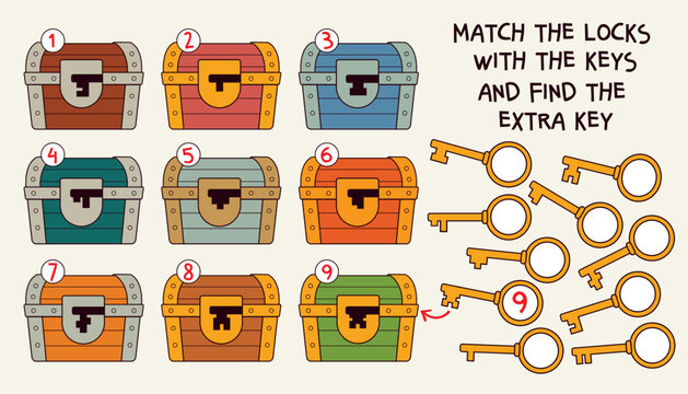 Fun logic puzzle for kids with treasure chests and keys. Match each key to the correct lock and find the one that doesn t fit. Educational printable activity for children. Match and find the extra key