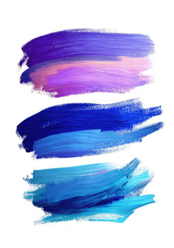 Three vibrant, layered brushstrokes of cool colors, ranging from violet to turquoise, on a black backdrop