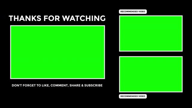 End screen youtube template with green placeholders on black background. Perfect for video creators to promote other content or channels.