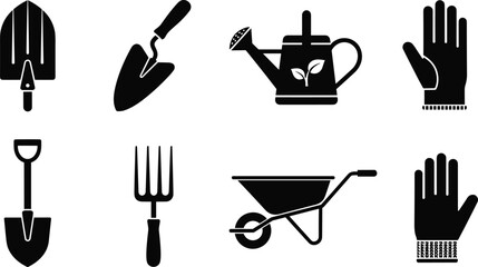 Gardening tools icon set with shovel trowel fork gloves wheelbarrow isolated black vector silhouette - flavector © Shafali
