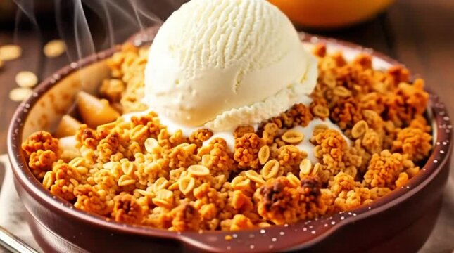 A decadent dessert features a scoop of vanilla ice cream resting on a golden granola crisp, served on a decorative plate accompanied by a steaming cinnamon stick, against a rustic wooden backdrop.