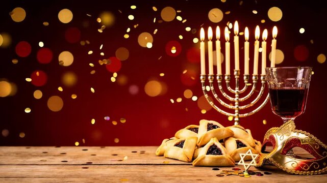 Menorah with lit candles surrounded by hamantaschen cookies, a glass goblet of red wine and a gold mask on a wooden table with space for text. The festive atmosphere of Purim holiday
