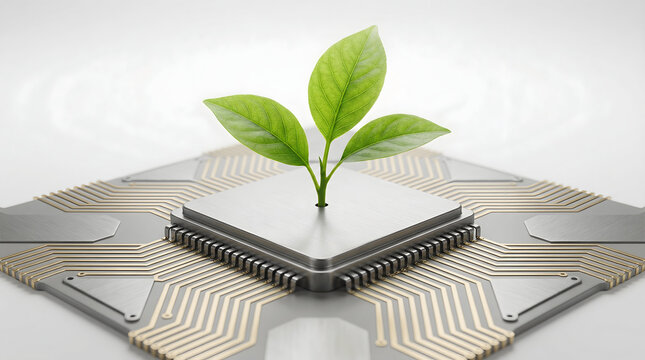 Sustainable Tech Concept with Green Leaves on Square CPU