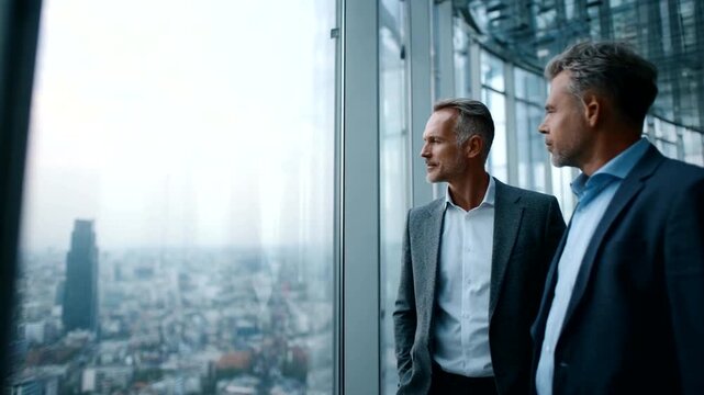 Two Businessmen Looking Out Over Cityscape.