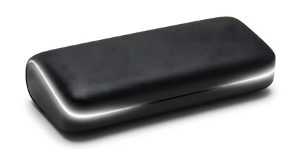 A sleek black eyeglass case is isolated on a white background showcasing its smooth design