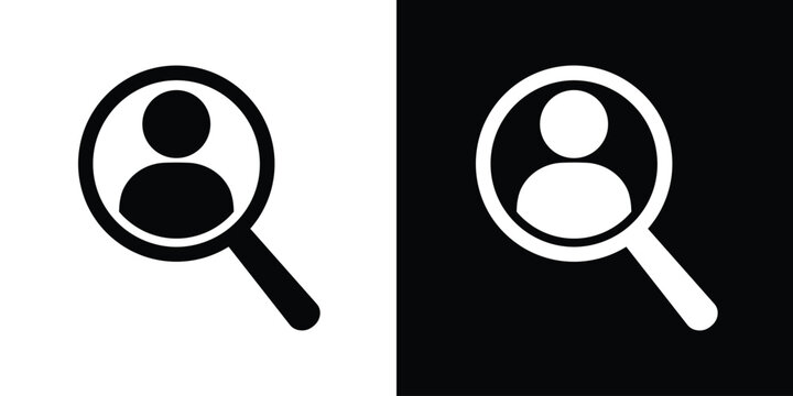 Magnifying glass with person profile icon. Concept for recruitment, HR talent search, finding friends, or user identification. Vector symbol for human resources and profile analysis.
