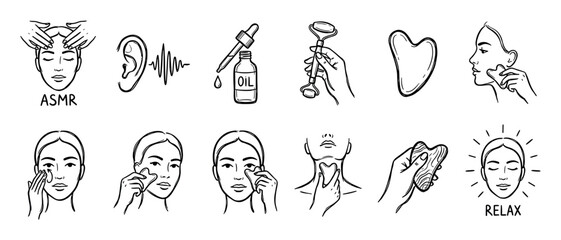 Fototapeta premium Set of hand-drawn black line icons representing facial massage, skincare routines, and ASMR relaxation with a jade roller, gua sha stone, and essential oil for self-care