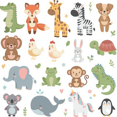 Cute baby animals cartoon set with elephant, giraffe, zebra, unicorn, whale, penguin © MDSelim