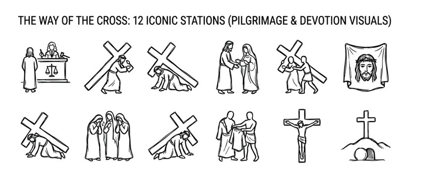 Set of twelve hand-drawn icons depicting the Stations of the Cross, showing the passion and crucifixion of Christ in a minimalist black and white line art style for devotion