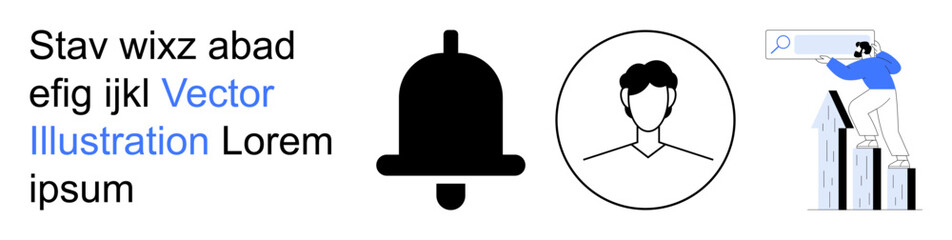 Obraz premium Notifications, user profiles, web design, data analysis, search optimization, business growth. Features bell icon, user face outline and character searching atop bar chart. Notifications and user