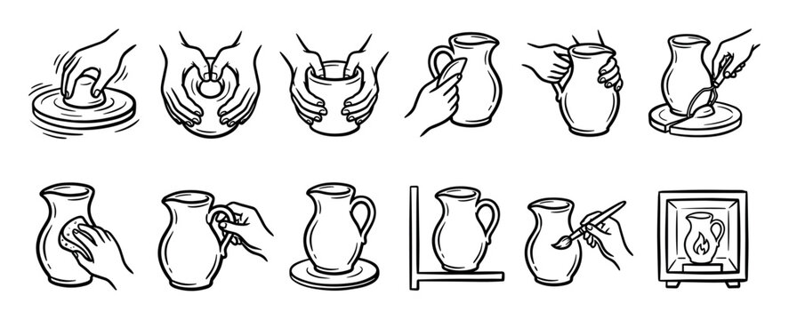 Pottery making process icons set showing hands shaping clay on a wheel, attaching a handle, painting, and firing a jug in a kiln, in a simple black line art doodle style