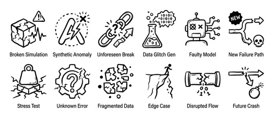 Set of hand-drawn black line icons representing technology failures, data glitches, system errors, and software testing concepts in a simple doodle style illustration collection