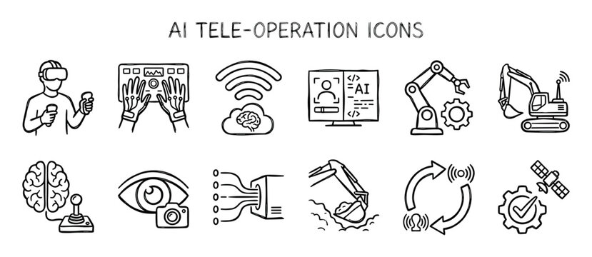 Set of hand-drawn AI tele-operation icons representing remote control, robotics, virtual reality, and automation technology in a simple black and white sketch style illustration