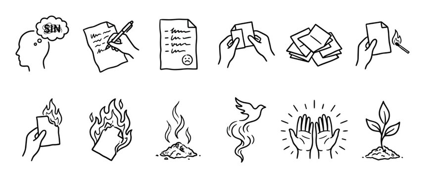 Storyboard of hand-drawn doodle icons illustrating a spiritual journey of confession, forgiveness, and renewal by burning a list of sins, leading to peace and new growth