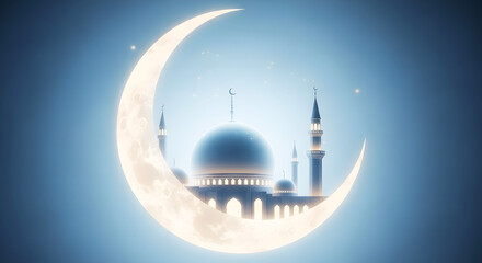 Mosque silhouette under crescent moon at dusk