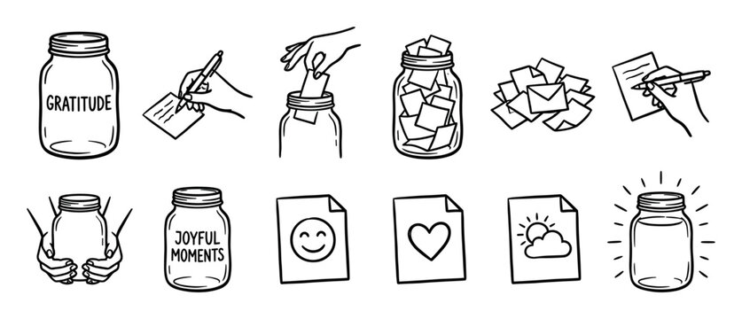 Hand-drawn gratitude jar icon set showing a mindfulness practice of writing and collecting joyful moments, positive thoughts, and happy memories in a glass container for self-care