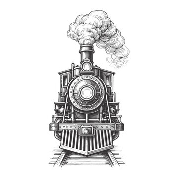 Vintage steam locomotive vector illustration, black and white hand drawn train with smoke, front view, railway transportation graphic resource isolated on White Background