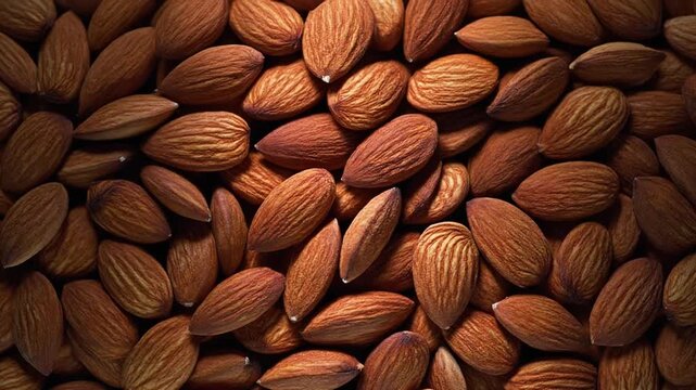 A close-up high-angle view of a pile of almonds filling the frame with various shades of brown nuts