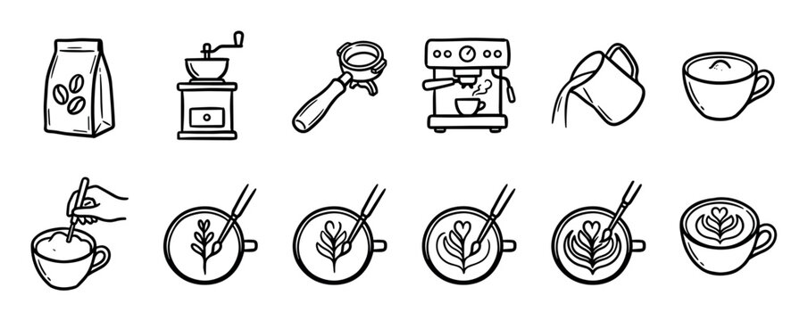 Set of hand-drawn coffee making icons in a black and white doodle style, illustrating the barista process with a grinder, machine, portafilter, and various stages of creating latte art
