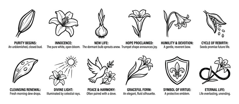 Collection of lily flower icons explaining their symbolic meanings of purity, innocence, and new life in a black and white line art infographic with descriptive text