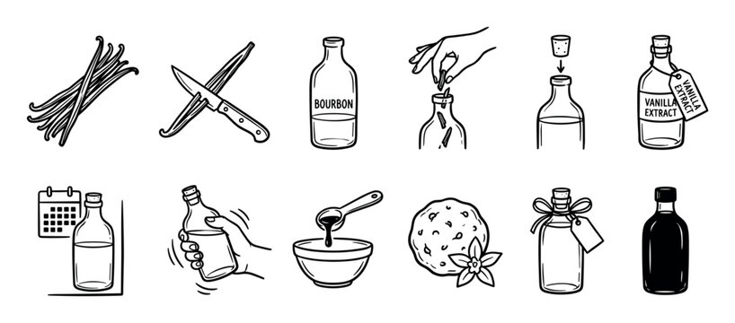 Hand-drawn black and white icons illustrating the step-by-step process of making homemade vanilla extract, from splitting pods to aging in a bottle for baking