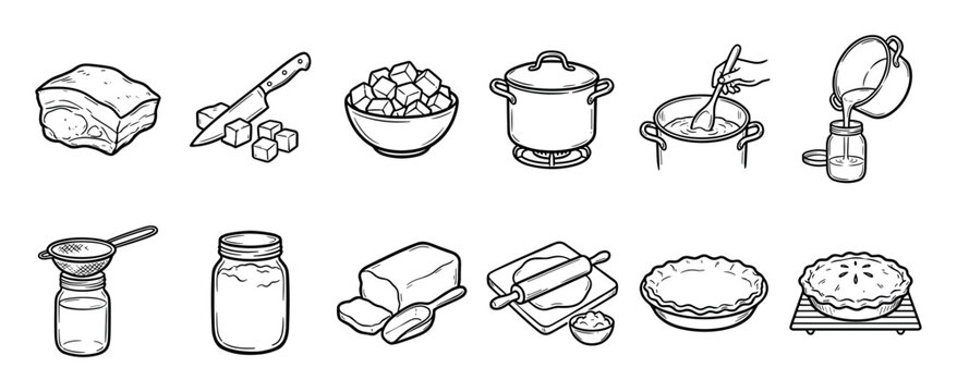 Set of hand-drawn black and white icons shows the step-by-step process of rendering fat into lard and baking a homemade pie from scratch in a doodle illustration style