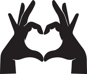 A minimalist black silhouette illustration showing two hands coming together to form a heart shape representing love affection and unity on a white background