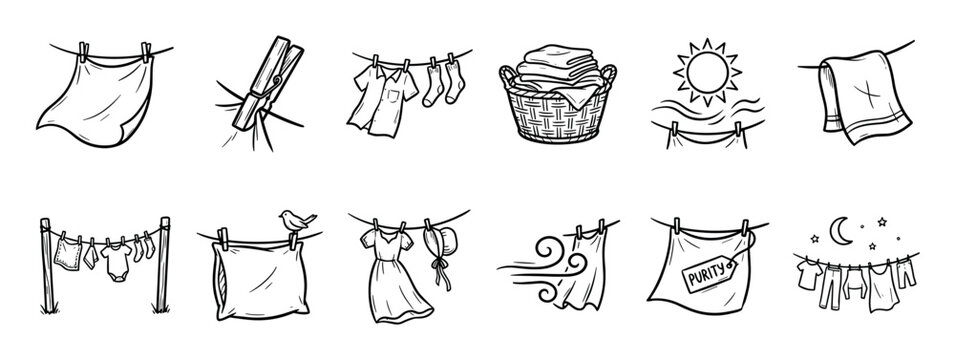 Hand-drawn laundry and clothes drying icons set featuring a clothesline with various garments, a basket, clothespin, and weather symbols in a simple black and white doodle style