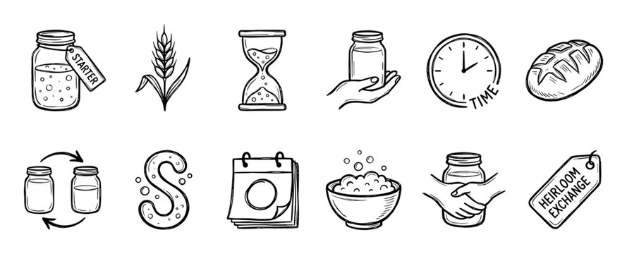Hand-drawn sourdough baking icon collection illustrating the fermentation process with a starter jar, wheat, bread, clock, and heirloom exchange in a simple doodle style