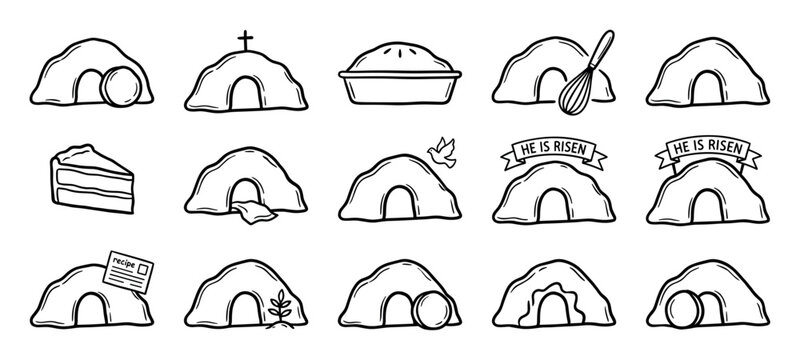 Collection of hand-drawn Easter icons featuring the empty tomb, resurrection symbols, a slice of cake, and baking elements in a simple black and white doodle style for religious celebration