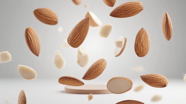 Almonds and slices falling in mid-air, captured from a front viewpoint, showcasing food texture and nutrition