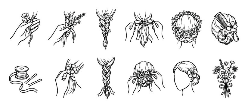Collection of hand-drawn hairstyling icons shows the process of creating beautiful braids and updos with flowers, ribbons, and combs for a romantic, bohemian wedding look