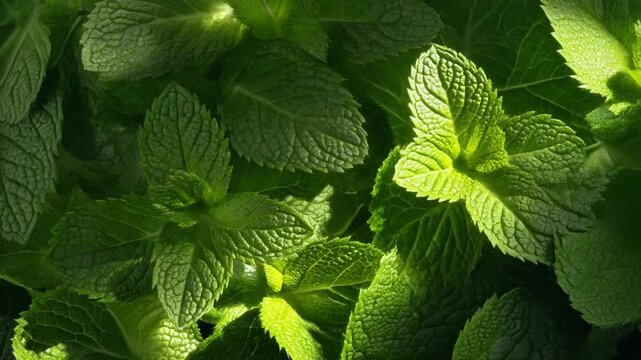 Fresh mint leaves illuminated by sunlight, showcasing their vibrant green color and detailed texture from a close-up overhead view