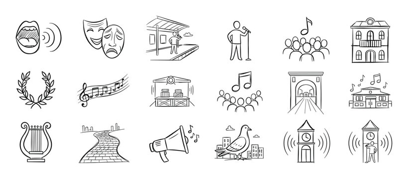 Large set of black line art icons depicting public life, communication, arts, music, and urban scenes in a sketchy hand-drawn doodle illustration style for various concepts