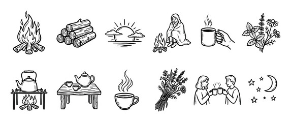 Obraz premium Hand-drawn black line art icon set illustrating a cozy camping and herbal tea theme with a campfire, logs, a couple with mugs, and nature elements