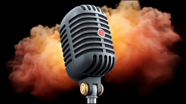Bold vintage studio microphone with red button and golden accents, black metal design set against dramatic orange and brown smoke background, evoking powerful retro sound and dynamic audio recording
