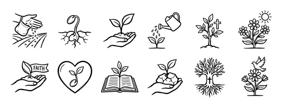 Christian faith growth and planting icons set illustrating the parable of the sower with symbolic elements like a cross, dove, heart, and book in a hand-drawn doodle style